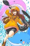  1girl anchor ankle_boots backpack bag bike_shorts black_gloves boots breasts brown_eyes brown_hair dolphin fingerless_gloves gloves guilty_gear guilty_gear_2020 hair_between_eyes hat highres huge_weapon may_(guilty_gear) open_mouth orange_headwear orange_hoodie pirate_hat small_breasts smile solo_focus tomoe_no_kaminari water weapon whale 