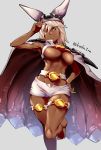  1girl abs absurdres armpits barefoot belt beltbra breasts brown_eyes cape commentary_request dark_skin groin guilty_gear guilty_gear_xrd hand_on_hip hat highres koda1ra large_breasts lowleg lowleg_shorts midriff pauldrons platinum_blonde_hair ramlethal_valentine short_shorts shorts solo thick_thighs thigh_gap thigh_strap thighs twitter_username underboob 