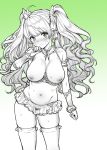  1girl bandage_on_face bangs blush bra bra_pull breasts breasts_outside choker closed_mouth collarbone detached_sleeves frilled_choker frills gradient gradient_background granblue_fantasy green_background greyscale hair_ribbon inverted_nipples large_breasts lingerie long_hair looking_at_viewer microskirt monica_weisswind monochrome mushi024 navel nipples ribbon skirt solo sweat swept_bangs thighhighs thighs twintails underwear 