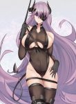  1girl azur_lane bangs bare_shoulders black_footwear black_gloves black_legwear black_leotard blue_eyes boots breasts cleavage closed_mouth collarbone commentary_request cosplay covered_navel demon_horns demon_tail elbow_gloves eyepatch floating_hair gloves gneisenau_(azur_lane) gneisenau_(azur_lane)_(cosplay) gneisenau_(nightmarish_succubus)_(azur_lane) hair_between_eyes halloween_costume head_tilt highres horns large_breasts leotard long_hair looking_at_viewer marshall2033 pubic_tattoo purple_hair scharnhorst_(azur_lane) see-through skindentation smile solo standing tail tattoo thigh_boots thighhighs underboob underboob_cutout very_long_hair 