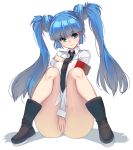  1girl armband bangs blue_eyes blue_hair blunt_bangs boots breasts covering covering_crotch eyebrows_visible_through_hair highres long_hair masao medium_breasts necktie nipples no_pants original see-through shirt sitting smile solo thighs twintails white_background white_shirt 