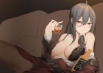  1girl ahoge alcohol belt blush bottle bra breasts cleavage commentary_request cup drinking_glass girls_frontline grey_hair helianthus_(girls_frontline) ice ice_cube jack_daniel&#039;s jacket lace lace_bra large_breasts long_hair looking_at_viewer lying military_jacket monocle open_bra open_clothes open_jacket panties panties_under_pantyhose pantyhose product_placement red_jacket scrunchie solo tittu underwear whiskey yellow_eyes 