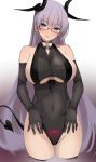  1girl :p alternate_costume azur_lane bangs bare_shoulders black_gloves black_leotard blue_eyes blush breasts cleavage collarbone commentary_request covered_navel demon_horns demon_tail elbow_gloves eyebrows_visible_through_hair glasses gloves gneisenau_(azur_lane) gneisenau_(nightmarish_succubus)_(azur_lane) halloween_costume head_tilt highres horns large_breasts leotard long_hair looking_at_viewer pubic_tattoo purple_hair rectangular_eyewear red-framed_eyewear rrr_ato see-through simple_background skindentation solo standing tail tattoo tongue tongue_out underboob underboob_cutout very_long_hair white_background 