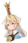  &gt;:) 1girl bangs blonde_hair blue_eyes blush charlotta_fenia closed_mouth cropped_torso crown eyebrows_visible_through_hair granblue_fantasy hair_between_eyes harvin long_hair meito_(maze) mini_crown pointy_ears simple_background smile solo upper_body v-shaped_eyebrows white_background wing_collar 