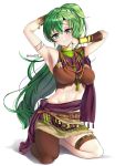  1girl absurdres arm_up belt bracelet closed_mouth cosplay fire_emblem fire_emblem:_the_blazing_blade fire_emblem:_three_houses fur_trim green_eyes green_hair highres jewelry long_hair lyn_(fire_emblem) petra_macneary petra_macneary_(cosplay) ponytail simple_background smile solo steeb26 twitter_username white_background 