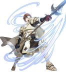  1boy 88_taho armor armored_boots aura boots cape conrad_(fire_emblem) fire_emblem fire_emblem_echoes:_shadows_of_valentia fire_emblem_heroes full_body fur_trim gloves highres male_focus mask official_art open_mouth orange_hair polearm scarf solo spear teeth transparent_background weapon 