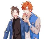  2boys alternate_costume anger_vein angry black_eyes black_hair bubble_tea contemporary cowboy_shot drinking drinking_straw eyebrows_visible_through_hair felix_hugo_fraldarius fire_emblem fire_emblem:_three_houses food_theft glaring guiyuy jacket letterman_jacket long_sleeves looking_at_another male_focus multiple_boys open_mouth orange_eyes orange_hair shirt short_hair simple_background spiked_hair sylvain_jose_gautier topknot turtleneck white_background 