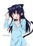  1girl ;d akatsuki_(kantai_collection) alternate_costume animal_ear_fluff animal_ears arm_up bangs black_hair blue_hoodie blush cat_ears cat_girl cat_tail drawstring eyebrows_visible_through_hair fang fur-trimmed_sleeves fur_trim hair_between_eyes hand_up hood hood_down hoodie hoshino_kagari kantai_collection kemonomimi_mode long_hair long_sleeves looking_at_viewer one_eye_closed open_mouth pom_pom_(clothes) purple_eyes simple_background smile solo tail twitter_username very_long_hair white_background 