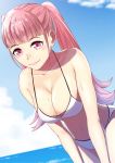  1girl absurdres bikini blue_sky breasts cleavage closed_mouth cloud day fire_emblem fire_emblem:_three_houses gzo1206 highres hilda_valentine_goneril large_breasts long_hair outdoors pink_eyes pink_hair sky smile solo swimsuit twintails water white_bikini 