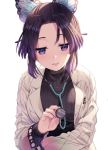  1girl bangs black_hair black_sweater breasts butterfly_hair_ornament eyebrows_visible_through_hair forehead gradient_hair hair_ornament kimetsu_no_yaiba kochou_shinobu labcoat long_sleeves looking_at_viewer medium_breasts multicolored_hair open_clothes parted_bangs parted_lips purple_eyes purple_hair ribbed_sweater rosuuri simple_background smile solo stethoscope sweater twitter_username upper_body white_background 