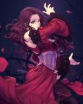  1girl bare_shoulders black_background black_legwear breasts brown_hair corset detached_sleeves dorothea_arnault dress earrings faithom fire_emblem fire_emblem:_three_houses green_eyes highres jewelry long_hair long_sleeves looking_away petals red_dress rose_petals solo thorns 