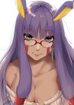  1girl :p absurdres animal_ears bespectacled blue_eyes blush breasts cleavage clothes_pull collarbone commentary_request dark_skin earrings eyebrows_visible_through_hair facial_mark fate/grand_order fate_(series) glasses highres jackal_ears jewelry large_breasts long_hair nitocris_(fate/grand_order) purple_hair red-framed_eyewear ribbed_sweater signature simple_background solo sweater sweater_pull taruneko tongue tongue_out upper_body white_background white_sweater 