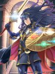  1girl bangs blue_eyes blue_hair boots breastplate cape closed_mouth commentary_request company_name copyright_name dress elbow_pads falchion_(fire_emblem) fire_emblem fire_emblem_awakening fire_emblem_cipher gloves holding holding_sword holding_weapon long_hair looking_away lucina_(fire_emblem) official_art shield shiny shiny_hair short_dress shoulder_armor shoulder_pads solo sword thigh_boots thighhighs tiara toyo_sao toyota_saori weapon 