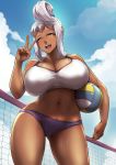  1girl akaza_chacha ass_visible_through_thighs bare_shoulders blue_sky breasts cleavage cloud commentary dark_skin day from_below hand_up highres huge_breasts legs_apart long_hair looking_at_viewer looking_down maken-ki! navel open_mouth outdoors packge silver_eyes silver_hair sky smile solo standing sweat tank_top thick_thighs thighs tied_hair v volleyball volleyball_net 