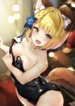  1girl absurdres animal_ear_fluff animal_ears black_leotard blonde_hair blurry blurry_background blush breasts collarbone commentary_request depth_of_field dog_ears dog_girl dog_tail erune flower granblue_fantasy hair_flower hair_ornament highres hyouta_(yoneya) lens_flare leotard looking_at_viewer nipple_slip nipples open_mouth short_hair small_breasts solo tail vajra_(granblue_fantasy) yellow_eyes 