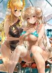  2girls ahoge alternate_costume azur_lane bangs bare_shoulders bikini blonde_hair blue_bikini blue_eyes blush braid breasts choker cleavage double_bun eyebrows_visible_through_hair formidable_(azur_lane) formidable_(the_lady_of_the_beach)_(azur_lane) hair_ornament highres large_breasts laurel_crown long_hair looking_at_viewer multiple_girls navel outdoors red_eyes ribbon sidelocks signo_aaa single_thighhigh sitting smile swimsuit thighhighs very_long_hair victorious_(azur_lane) white_bikini white_legwear 