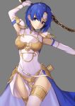  +5cm 1girl absurdres arm_up armpits bangs blue_eyes blue_hair breastplate breasts catria_(fire_emblem) closed_mouth covered_navel cowboy_shot dress elbow_gloves eyebrows_visible_through_hair faulds fire_emblem fire_emblem_heroes gloves grey_background head_tilt highres holding holding_sword holding_weapon looking_at_viewer medium_breasts outstretched_arm parted_bangs pauldrons pelvic_curtain short_hair shoulder_armor simple_background smile solo sword thighhighs thighs waist_cape weapon white_dress white_gloves white_legwear 