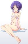  1girl bangs blush covering eyebrows_visible_through_hair highres hinata_yukari holding holding_towel legs_together mel_(melty_pot) naked_towel navel purple_eyes purple_hair sidelocks towel wet wet_towel yuyushiki 