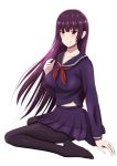  1girl blush breasts groin kanoe_yuuko large_breasts long_hair midriff_peek moepush no_shoes pantyhose purple_hair purple_skirt red_eyes school_uniform serafuku sitting skirt smile solo tasogare_otome_x_amnesia white_background yokozuwari 