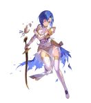  1girl arm_guards armor bangs belt blue_eyes blue_hair boots breastplate broken_armor catria_(fire_emblem) closed_mouth dress elbow_gloves fire_emblem fire_emblem:_mystery_of_the_emblem fire_emblem_echoes:_shadows_of_valentia fire_emblem_heroes full_body gloves headband highres holding holding_sword holding_weapon kakage leg_up looking_away one_eye_closed sheath shiny shiny_hair short_hair shoulder_pads sleeveless sleeveless_dress solo sword thigh_boots thighhighs torn_clothes weapon white_dress white_footwear white_gloves zettai_ryouiki 