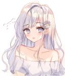  1girl :d bangs bare_shoulders blush breasts collarbone commentary_request dress eyebrows_visible_through_hair flower grey_dress grey_flower grey_hair hair_flower hair_intakes hair_ornament highres long_hair looking_at_viewer off-shoulder_dress off_shoulder open_mouth original purple_eyes simple_background sketch small_breasts smile solo tandohark upper_body white_background 