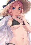  1girl absurdres bangs bikini black_bikini black_ribbon blue_eyes blush breasts closed_mouth dress_shirt eyebrows_visible_through_hair go-toubun_no_hanayome groin hair_between_eyes halter_top halterneck hand_up hat hat_ribbon highres index_finger_raised looking_at_viewer medium_breasts nakano_ichika navel open_clothes open_shirt pink_hair ribbon shirt short_hair side-tie_bikini simple_background skindentation smile solo stomach straw_hat swimsuit to_gemichi upper_body white_background white_shirt 