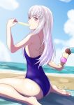  1girl absurdres beach blue_sky cloud day fire_emblem fire_emblem:_three_houses flat_chest food gzo1206 highres holding ice_cream_cone long_hair looking_to_the_side lysithea_von_ordelia one-piece_swimsuit outdoors pink_eyes popsicle sitting sky solo swimsuit water white_hair 