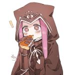  ! +_+ 1girl animal_ears animal_hood black_cloak black_gloves blush cloak closed_mouth eating fake_animal_ears fate/grand_order fate_(series) food gloves hands_up highres holding holding_food hood hood_up hooded_cloak long_hair medusa_(lancer)_(fate) purple_eyes purple_hair rider sidelocks signature simple_background sofra solo upper_body white_background 