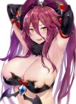  1girl armpits arms_up black_choker blush breasts choker cleavage dragalia_lost elbow_gloves fang fur_choker gem gloves halloween_costume heart heart-shaped_pupils highres kurowa large_breasts long_hair looking_at_viewer mym_(dragalia_lost) open_mouth orange_eyes red_hair simple_background solo sweat symbol-shaped_pupils tiara twintails upper_body very_long_hair white_background 