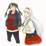  2019 2girls alternate_costume backpack bag bangs black_jacket black_legwear blouse blush breasts brown_eyes collarbone commentary_request cropped_legs eyebrows_visible_through_hair green_eyes green_hair grey_hair hair_between_eyes hair_ribbon hairband hand_in_pocket handbag holding_hands id_card jacket japan_airlines kantai_collection logo long_hair long_sleeves looking_at_viewer multiple_girls open_mouth pants parted_lips red_hairband red_skirt red_sweater ribbon round_teeth short_sleeves shoukaku_(kantai_collection) simple_background skirt smile sweater teeth turtleneck twintails weidashming white_background white_blouse white_hair white_ribbon zuikaku_(kantai_collection) 