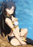  1girl armlet ass asymmetrical_legwear asymmetrical_sleeves bangs bare_shoulders black_bikini_bottom black_hair black_ribbon blush breasts bridal_gauntlets cleavage closed_mouth crown detached_collar detached_sleeves earrings fate/grand_order fate_(series) hair_ribbon hera_(hara0742) highres hoop_earrings ishtar_(fate/grand_order) jewelry long_hair looking_at_viewer medium_breasts neck_ring parted_bangs red_eyes ribbon single_detached_sleeve sitting small_breasts smile solo thighs tiara two_side_up white_bikini_top 