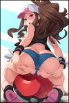  1girl :o absurdres anus ass ass_grab bare_shoulders baseball_cap black_border blue_eyes blush boots border breasts brown_hair butt_crack colorized denim denim_shorts from_behind full_body hat highres kneeling long_hair looking_at_viewer looking_back medium_breasts midriff nintendo nipples no_panties open_mouth partially_visible_anus partially_visible_vulva poke_ball pokemon pokemon_(game) pokemon_bw ponytail shorts sidelocks sitting_on_ball sleeveless solo spread_anus spread_ass tongue touko_(pokemon) uncensored upper_teeth vest waru-geli watermark wristband 