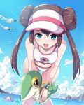  2girls :d ass_visible_through_thighs bare_arms bare_legs bare_shoulders beach bent_over bikini blue_eyes blue_sky blush breasts brown_hair cloud commentary_request day double_bun gen_2_pokemon gen_3_pokemon gen_5_pokemon gen_8_pokemon highres holding holding_pokemon horizon innertube kasai_shin looking_at_viewer low_twintails mei_(pokemon) multiple_girls navel ocean open_mouth outdoors pokemon pokemon_(creature) pokemon_(game) pokemon_bw2 sky smile snivy sobble solo_focus swimsuit tuber_(pokemon) twintails visor_cap wading watch water_drop wingull wooper wristwatch 