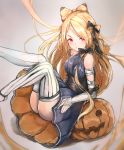  1girl abigail_williams_(fate/grand_order) absurdres ass bandaged_arm bandages bangs bare_shoulders black_bow black_dress black_ribbon blonde_hair blush bow breasts bridal_gauntlets dress envelolip fate/grand_order fate_(series) forehead hair_bow halloween highres jack-o&#039;-lantern leaning_back legs_up long_hair looking_at_viewer open_mouth orange_bow orange_ribbon parted_bangs pumpkin red_eyes ribbon sash small_breasts solo thighhighs thighs two-tone_bow two-tone_ribbon very_long_hair white_legwear 