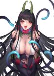  1girl ane_naru_mono bangs bent_over black_hair blunt_bangs blush breasts chiyo_(ane_naru_mono) cleavage collarbone covered_nipples demon demon_girl demon_horns elbow_gloves eyebrows_visible_through_hair fangs fengyin_shici_guozi fingernails fur_collar gloves half-closed_eyes heart heart-shaped_pupils highres horns large_breasts long_fingernails long_hair looking_at_viewer mole mole_under_eye open_mouth red_eyes saliva sharp_fingernails sharp_teeth solo symbol-shaped_pupils teeth tentacles thighhighs tongue tongue_out very_long_hair 
