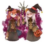  2girls annette_fantine_dominic bag blue_eyes fire_emblem fire_emblem:_three_houses garreg_mach_monastery_uniform halloween_basket handbag hat holding holding_staff long_hair long_sleeves lysithea_von_ordelia multiple_girls orange_hair pink_eyes staff twintails uniform vianchiel white_hair witch_hat 