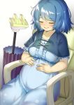  1girl blue_capelet blue_dress blue_hair blue_ribbon blush breasts capelet chair closed_eyes collarbone commentary commentary_request dress eyebrows_visible_through_hair happy large_breasts on_chair piyodesu pregnant ribbon short_hair sitting smile solo tatara_kogasa touhou umbrella 