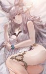 1girl absurdres animal_ears ass bangs bare_shoulders blunt_bangs blush breasts cleavage commentary erune granblue_fantasy hair_ornament highres korwa large_breasts long_hair looking_at_viewer lying on_side open_mouth quill silver_eyes silver_hair smile solo swimsuit thighlet thighs user_lbv2527 white_swimsuit 