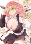  1girl bangs belt black_jacket black_skirt blush braid breasts cape cherry_blossoms cleavage closed_mouth commentary_request cowboy_shot elbow_gloves flower gloves gradient_hair green_eyes green_hair hair_between_eyes highres jacket kanroji_mitsuri kimetsu_no_yaiba large_breasts leaning_forward long_hair looking_at_viewer looking_back miniskirt multicolored_hair no_bra open_clothes open_jacket open_shirt pink_flower pink_hair pink_lips selloum shirt skirt smile solo twin_braids very_long_hair white_cape white_shirt 