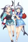  2girls :d bare_legs blue_hair blush california_sea_lion_(kemono_friends) choker common_bottlenose_dolphin_(kemono_friends) dark_blue_hair dolphin_tail dorsal_fin dress elbow_gloves fishing_rod flippers frilled_dress frills full_body glasses gloves grey_hair hair_tie hand_up highres innertube jacket kemono_friends long_hair multicolored_hair multiple_girls one-piece_swimsuit open_mouth sailor_dress sandals short_hair short_sleeves smile swimsuit tadano_magu white_hair 