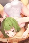  1boy 1girl :o ahoge ass bangs blush breast_press breasts brown_eyes clothed_female_nude_male collarbone commentary_request eyebrows_visible_through_hair girl_on_top green_hair head_out_of_frame komone_ushio lying medium_breasts mixed_bathing naked_towel nude on_back on_floor onsen open_mouth original short_hair solo_focus spread_legs stone_floor towel water_drop wet wet_hair 