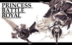  1girl armor braid breasts crown floating gauntlets greaves hair_ornament helmet highres holding holding_sword holding_weapon large_breasts long_hair navel pauldrons princess_battle_royale simple_background skirt smile spirit standing sword thighhighs tsuyoshi_takaki weapon white_background zettai_ryouiki 