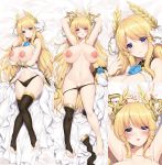  1girl areolae armpits arms_up azur_lane bangs bare_shoulders bed_sheet black_legwear blonde_hair blue_eyes blush breasts breasts_apart breasts_outside censored dakimakura dress embarrassed eyebrows_visible_through_hair from_above gold hair_ornament highres large_breasts laurel_crown long_hair looking_at_viewer lying minamon_(vittel221) navel nipples on_back open_mouth panties panty_pull ribbon shiny shiny_skin sidelocks smile sweat thighhighs toeless_legwear underwear very_long_hair victorious_(azur_lane) 