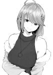  1girl ahoge bangs bare_shoulders breasts closed_mouth commission fur_trim greyscale hair_ornament highres jewelry large_breasts looking_at_viewer monochrome necklace norman_maggot original ribbed_sweater short_hair sleeveless_sweater smile sweater swept_bangs turtleneck turtleneck_sweater x_hair_ornament 