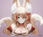  1girl animal_ears blonde_hair breasts cleavage commentary ehrrr fox_ears fox_tail green_eyes hair_ornament highres mon-musu_quest! simple_background solo tail tamamo_(mon-musu_quest!) twitter_username 
