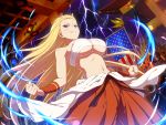  1girl arm_guards blonde_hair breasts cosplay crossover fatal_fury geese_howard geese_howard_(cosplay) hakama highres japanese_clothes kagura_(senran_kagura) large_breasts long_hair looking_at_viewer official_art sarashi senran_kagura senran_kagura_new_link symbol_in_eye yaegashi_nan 