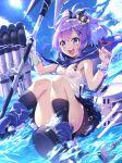  1girl anchor azur_lane blue_eyes blue_sky bow bracelet chain cloud commentary_request crown eyebrows_visible_through_hair gloves hair_bow hair_ornament holding holding_spear holding_weapon javelin_(azur_lane) jewelry mini_crown open_mouth pleated_skirt polearm ponytail purple_hair rigging shoes single_glove sitting skirt sky smile socks solo spear tomoyohi torpedo turret water weapon 