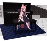  1girl 2019 animal_ears bangs black_bow black_dress black_footwear bow captain_yue closed_mouth commentary dress eyebrows_visible_through_hair hair_ornament highres instrument long_hair looking_at_viewer mary_janes original piano piano_bench pink_hair puffy_short_sleeves puffy_sleeves see-through see-through_sleeves shoes short_sleeves sitting socks solo twitter_username very_long_hair white_legwear 