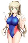  1girl blonde_hair blue_swimsuit breasts chaos;head collarbone competition_swimsuit cowboy_shot eyewear_removed green_eyes kusunoki_yua large_breasts looking_at_viewer one-piece_swimsuit sauku simple_background smile solo standing swimsuit wavy_mouth white_background 