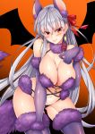  1girl animal_ears bangs bare_shoulders blush bow breasts cosplay dangerous_beast earrings elbow_gloves eyebrows_visible_through_hair fate/grand_order fate_(series) fur_trim gloves hair_between_eyes hair_ribbon halloween_costume highres jewelry kama_(fate/grand_order) large_breasts long_hair looking_at_viewer mash_kyrielight mash_kyrielight_(cosplay) mia_(gute-nacht-07) navel purple_gloves purple_legwear red_bow red_eyes red_ribbon revealing_clothes ribbon silver_hair smile solo tail thighhighs wings wolf_ears wolf_tail 